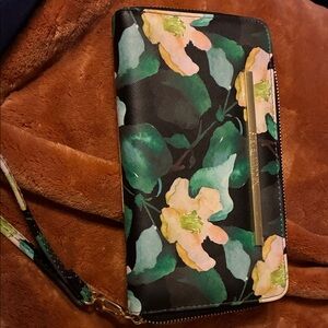 Steve Madden Black Floral Zip Wristlet with Green Leaves and Pink Blooms